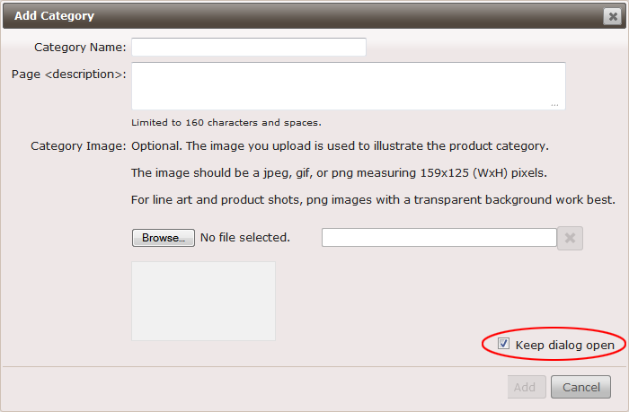 Apogee StoreFront add category keep dialog open
